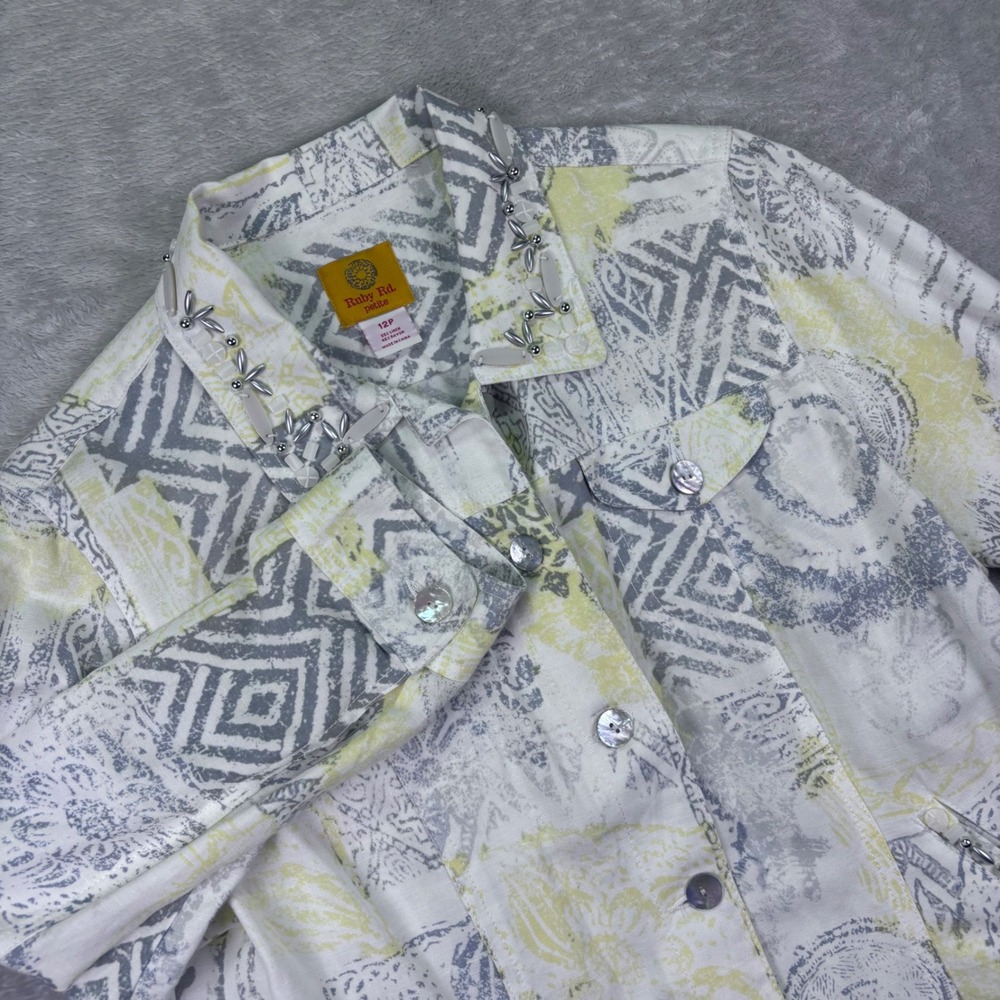 Ruby‎ Rd. Women's Petite Linen Blend Beaded Jacket Sz 12P Gray Yellow Geometric